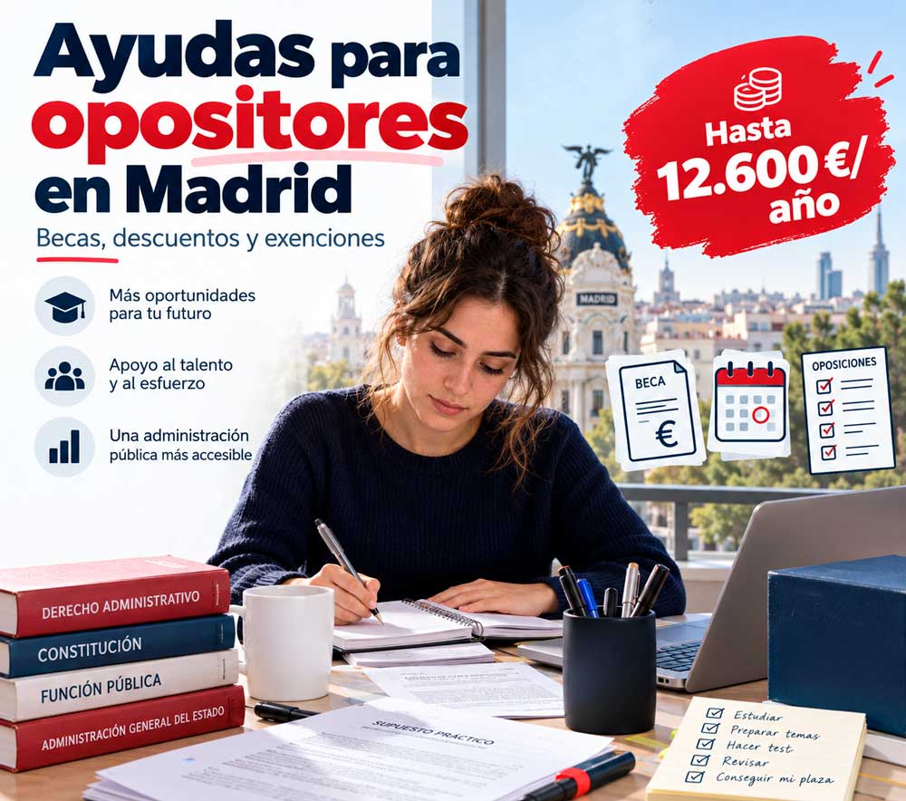 Ayudas para opositores en Madrid 2026: becas de hasta 12.600 € y descuentos